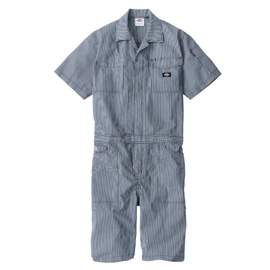 Dickies 半袖つなぎ　ヒッコリー柄　L ディッキーズ ライトストレッチヒッコリー半袖ツナギ（ショート丈） D